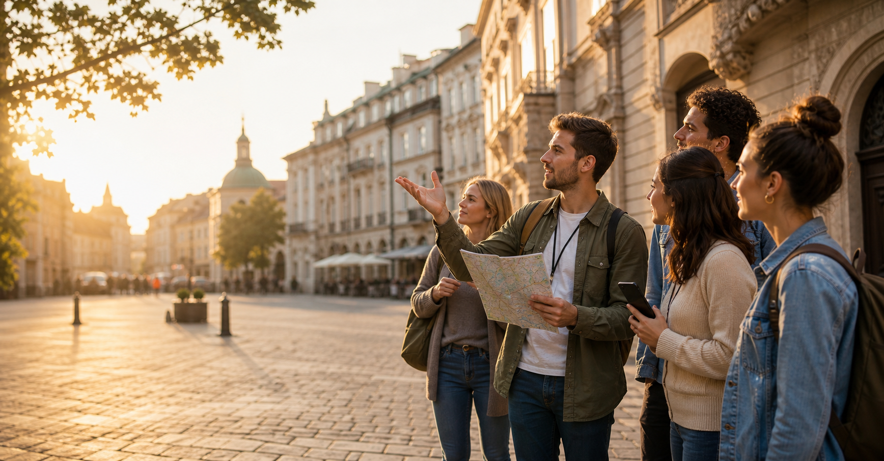 Grupo de viajeros con una guía local en una ciudad europea
