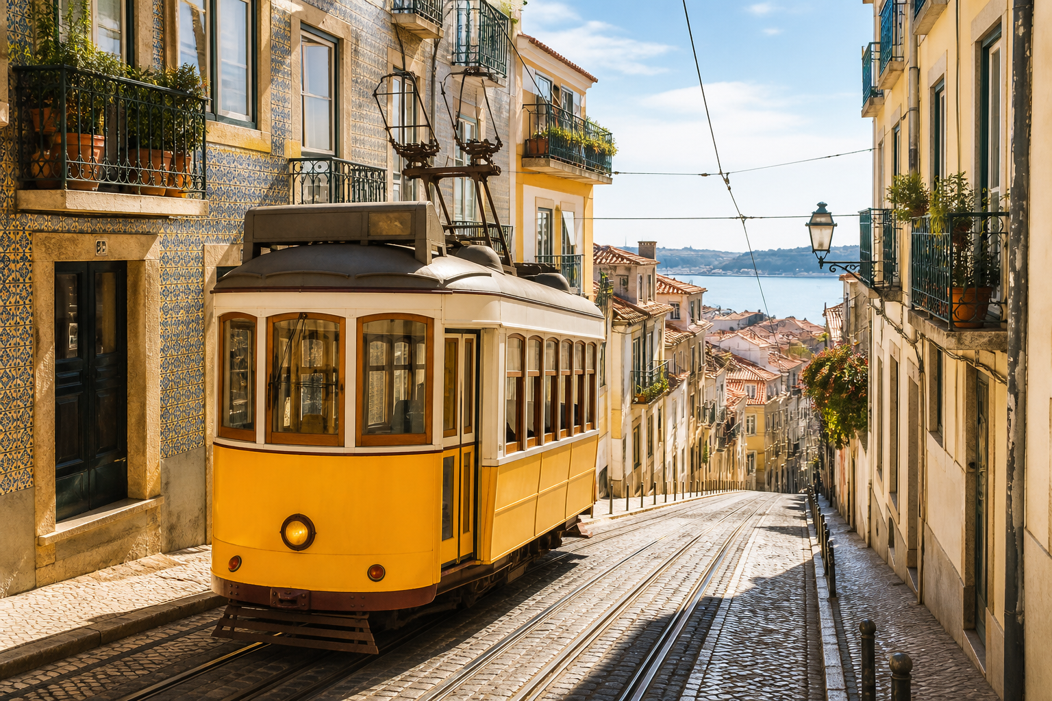 Tranvía amarillo clásico en una calle de Lisboa con azulejos y vistas al Tajo
