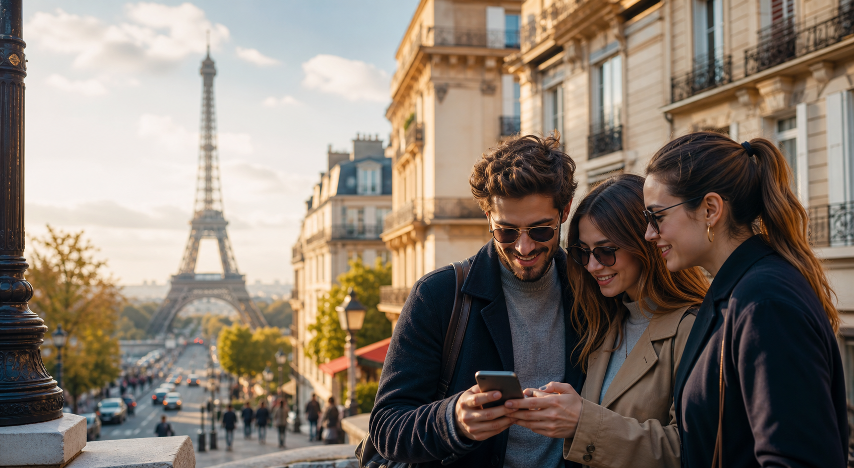 Viajeros usando una app de viajes con la Torre Eiffel al fondo