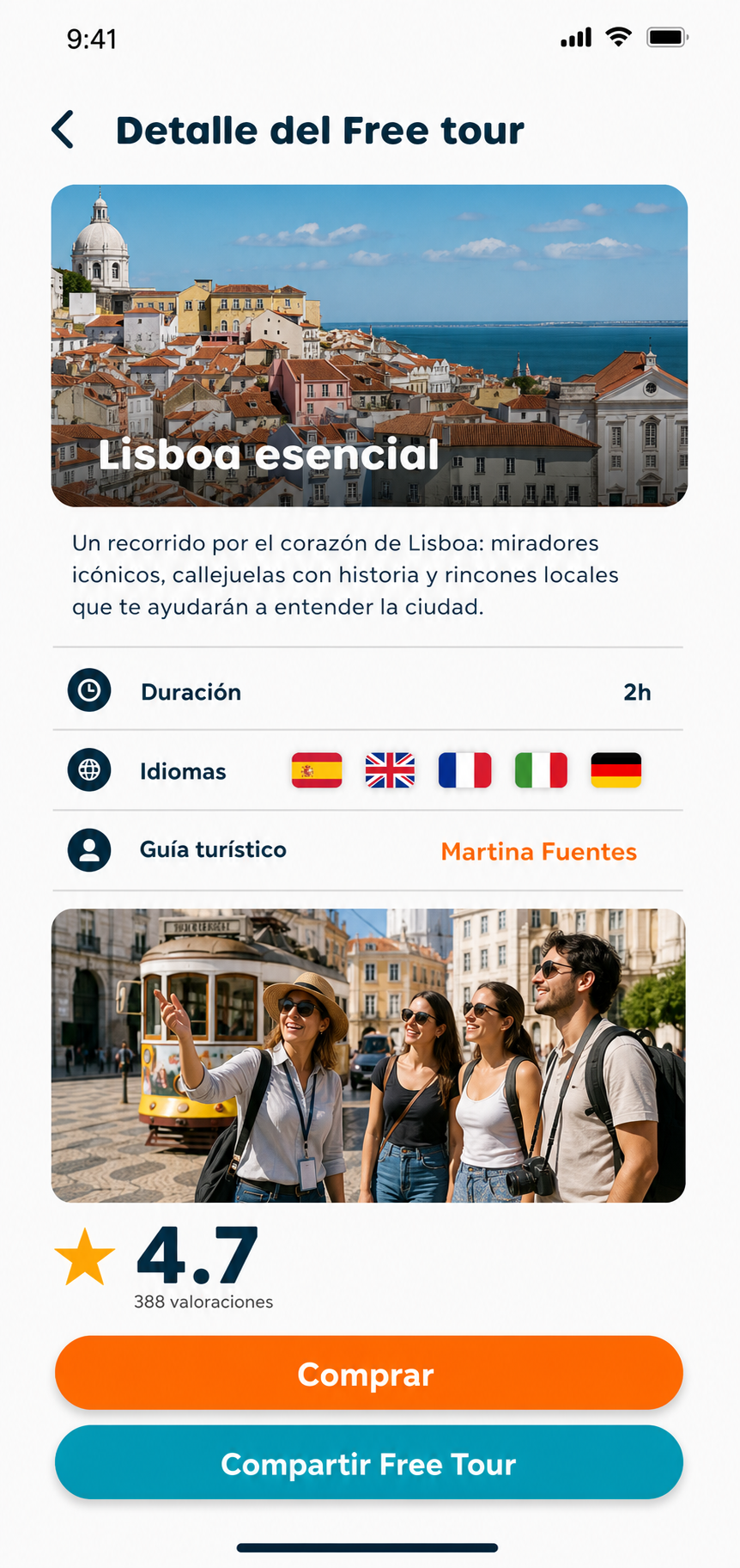 Pantalla nítida de la app TripXo con detalle de un free tour en Lisboa